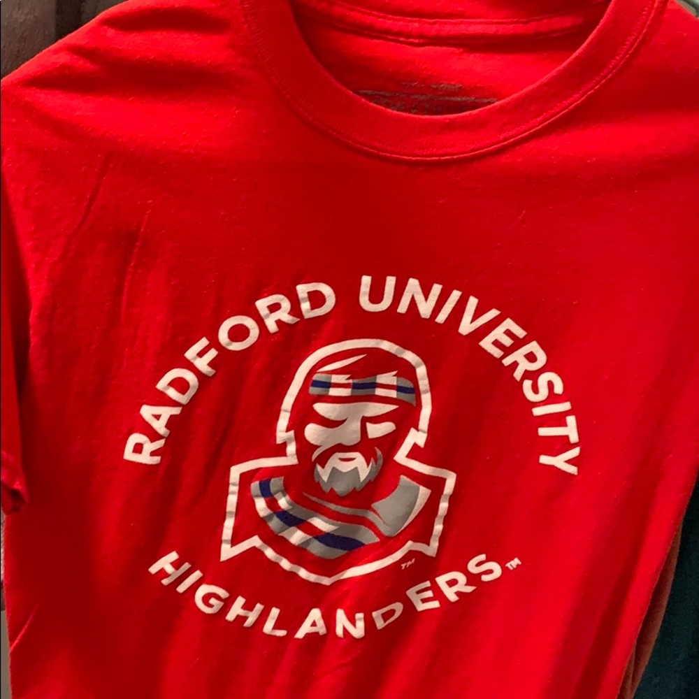 T-shirt says Radford University Highlanders